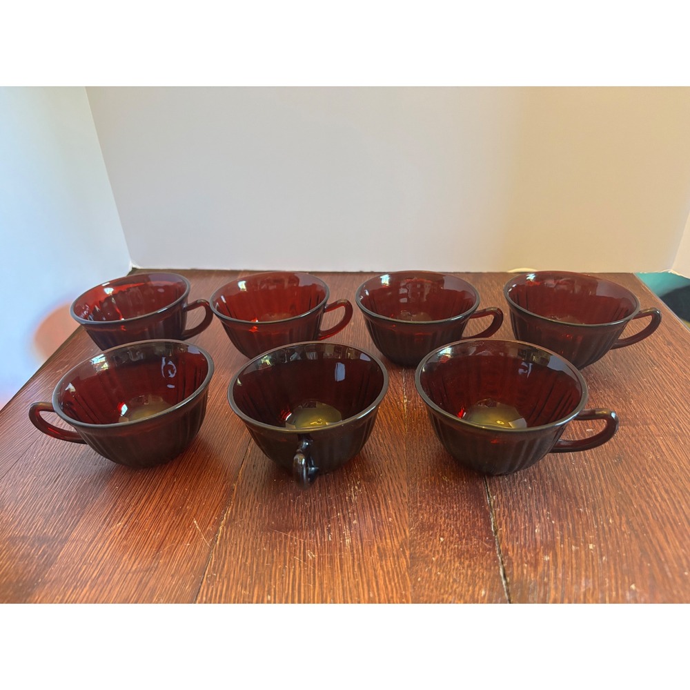 7 Vintage Anchor Hocking Royal Ruby Red Ribbed Glass Cups Tea Coffee